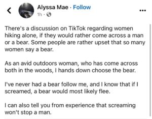 social post about the bear vs man topic saying that women know if they scream at a bear it would likely flee but that wouldn't stop a man