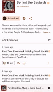 screen shot of a podcast playlist of several episodes about elon musk getting sued by his employees