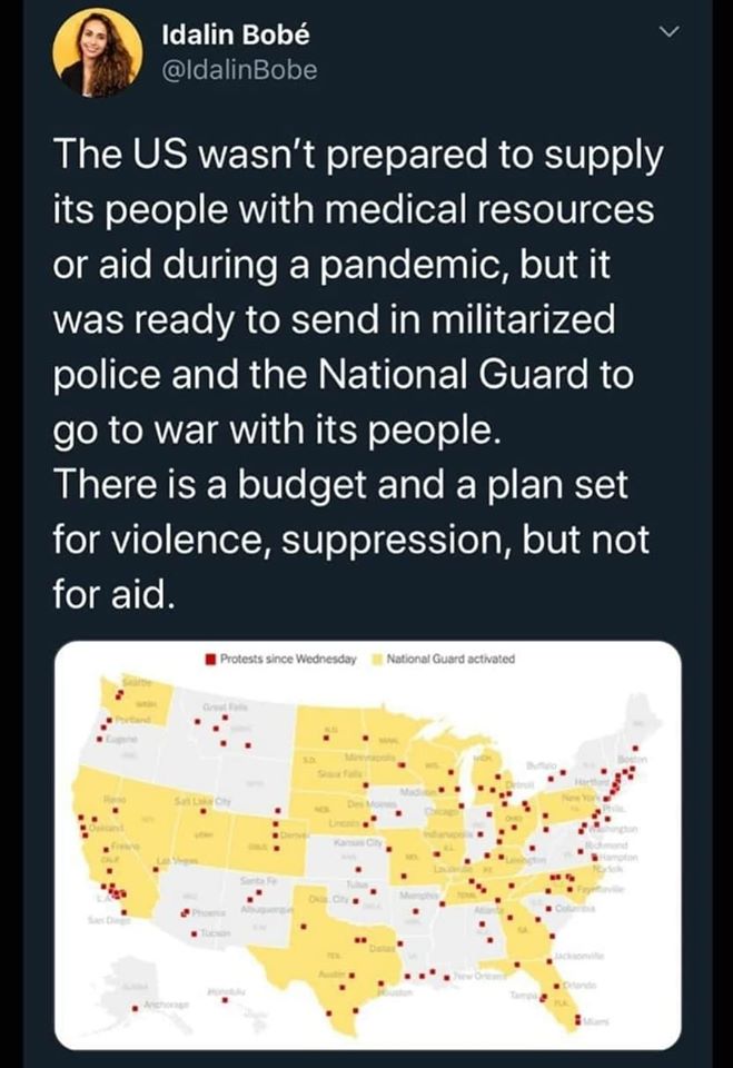 a tweet with a map of the USA saying that the US wasn't prepared to support its people during a pandemic but was ready to send the military in to go to war with its people protesting