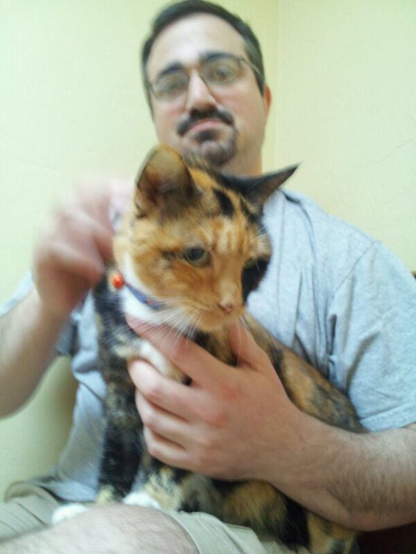 a serious looking person holds a calico cat in his lap