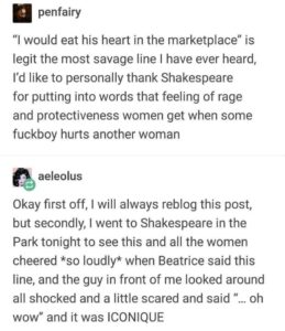 two tweets about a Shakespeare line about "I would eat his heart in the marketplace" and how it is iconic