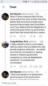 screencap of a person arguing with a scientists about the extinct megalodon actually still being around but the government is trying to cover it up