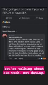 a quoted tweet with additional text that starts with 'Stop going on dates if your not READY to have SEX' and continues to compare dating to sex work without meaning to