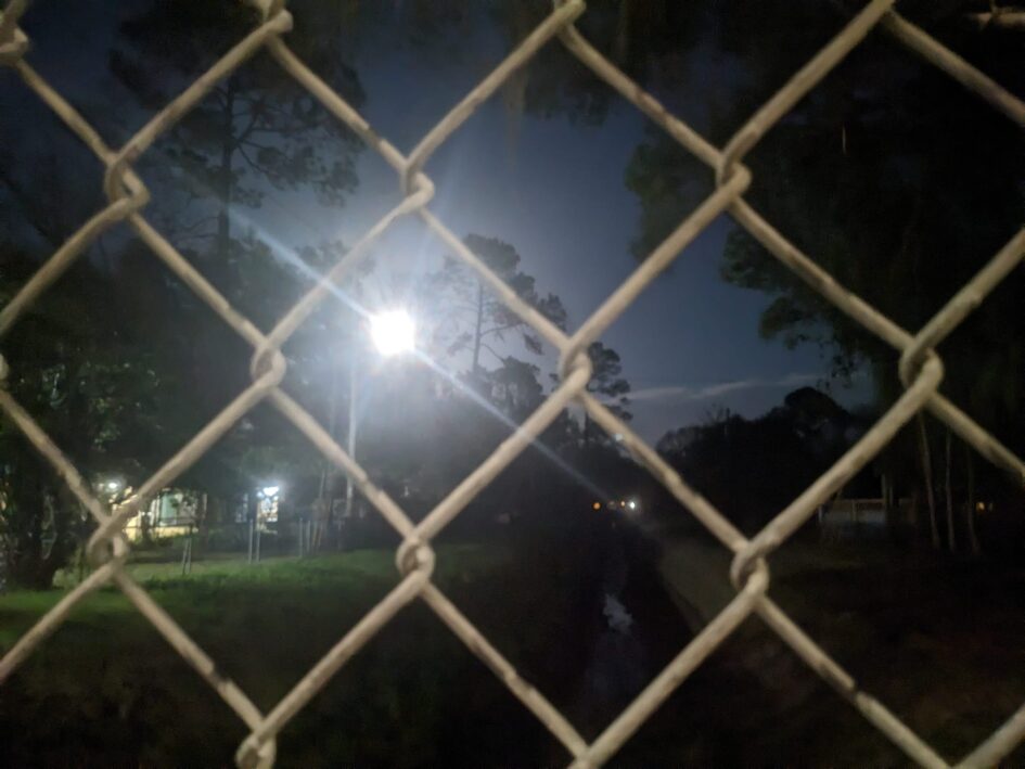 a moon is shining brightly int he distance through trees and over a dark neighborhood seen through a chain link fence
