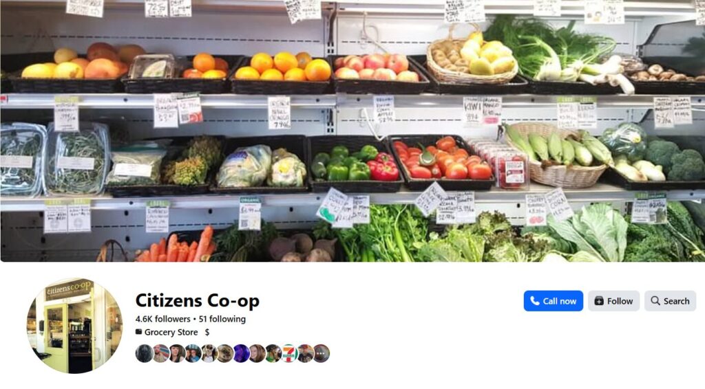 screenshot of a grocery store business on Facbook called Citizen's Co-op with a picture of a produce section across the top