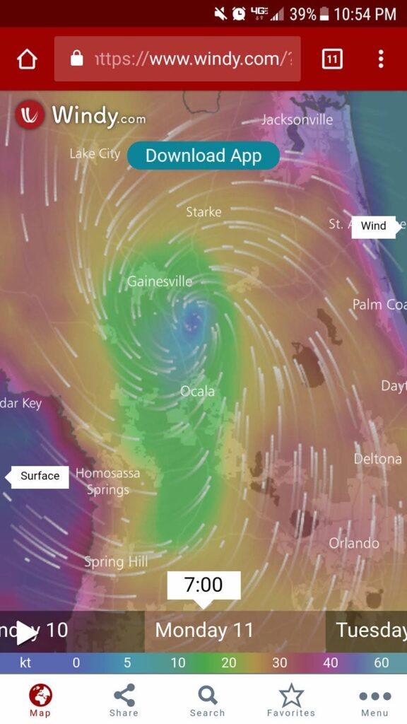 a map with a very colorful swirly pattern over Florida that seems like a hurricane